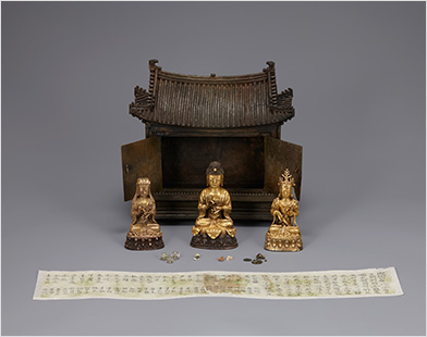 Bronze Shrine and Gilt-Bronze Seated Amitabha Triad 